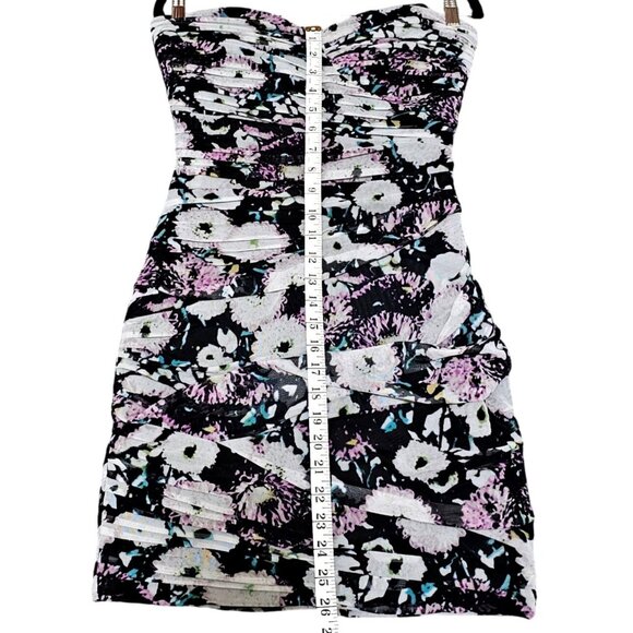 BCBGMAXAZRIA Strapless Floral Print Dress Size 8 Black Multi-Color Ruched Bodyco - Picture 9 of 11
